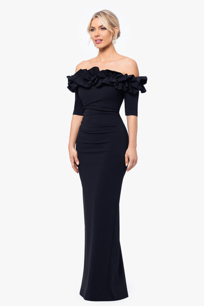 "Isla" Scuba Crepe Off The Shoulder Ruffle Dress Black XSCAPE