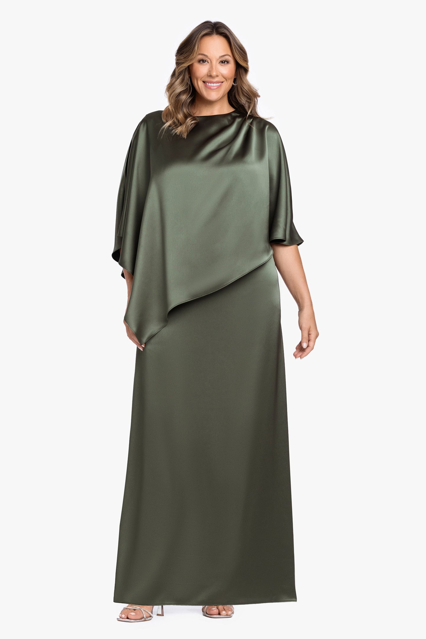 Plus "Ellen" Satin Overlay Cape Dress Olive XSCAPE