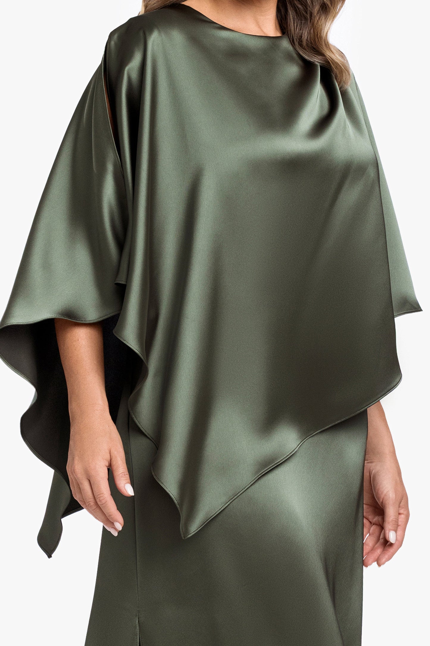 Plus "Ellen" Satin Overlay Cape Dress Olive XSCAPE