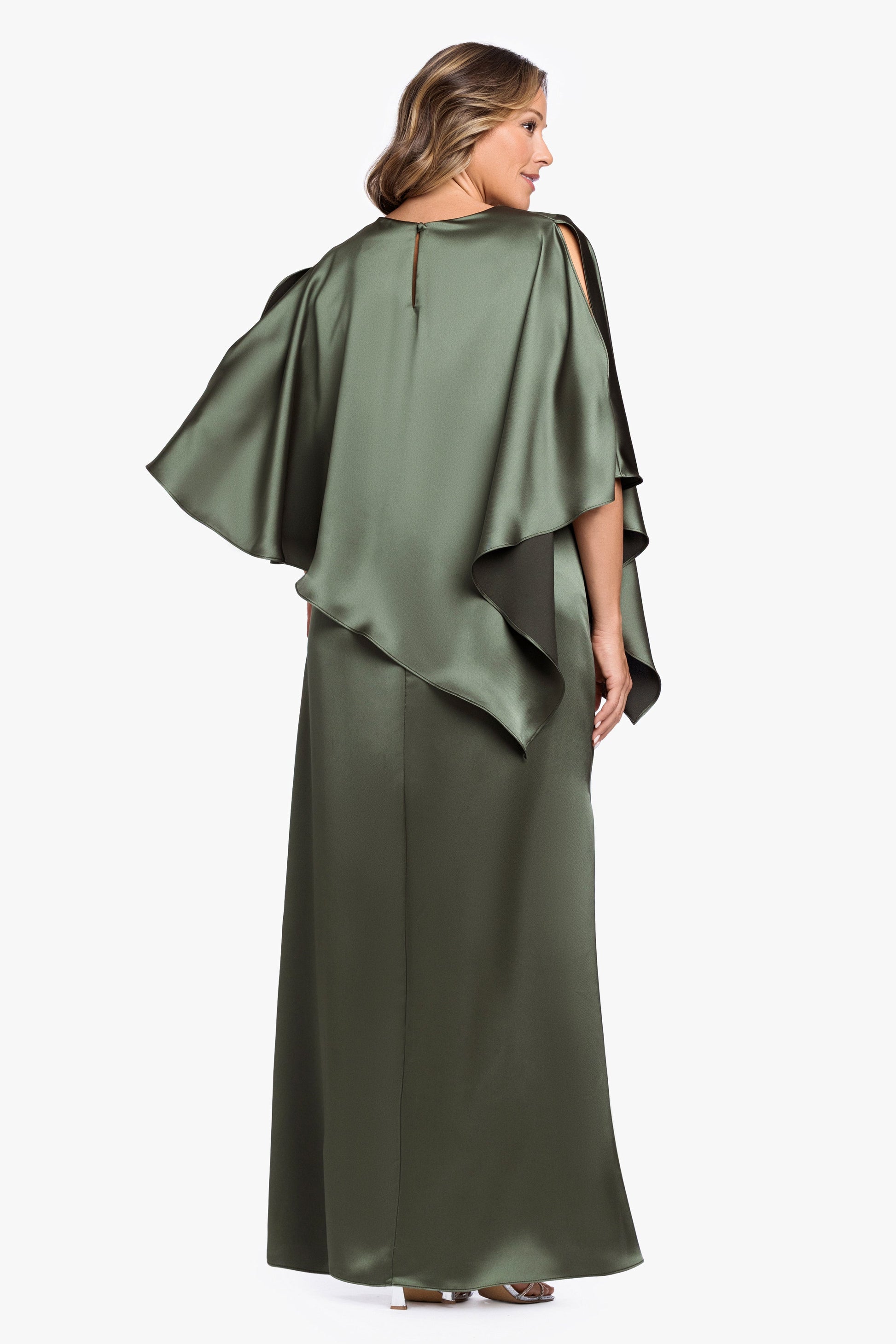 Plus "Ellen" Satin Overlay Cape Dress Olive XSCAPE