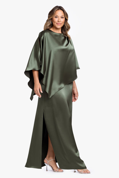 Plus "Ellen" Satin Overlay Cape Dress Olive XSCAPE
