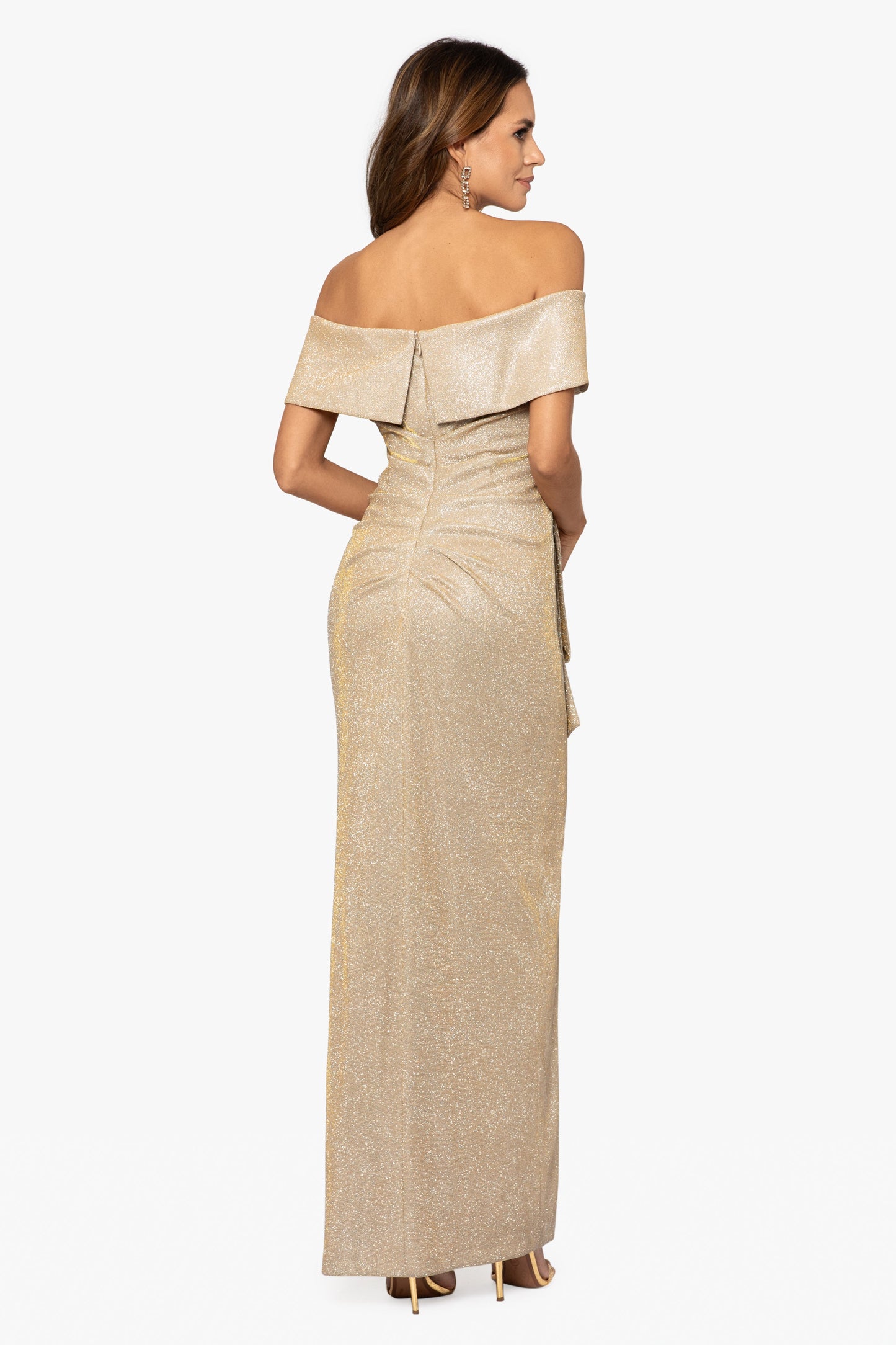 "Tessa" Glitter Off the Shoulder Ruffle Dress Gold/Silver XSCAPE