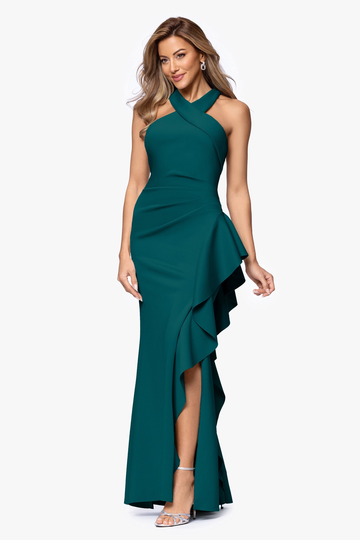 "Gigi" Techno Scuba Cross Neck Dress Hunter XSCAPE