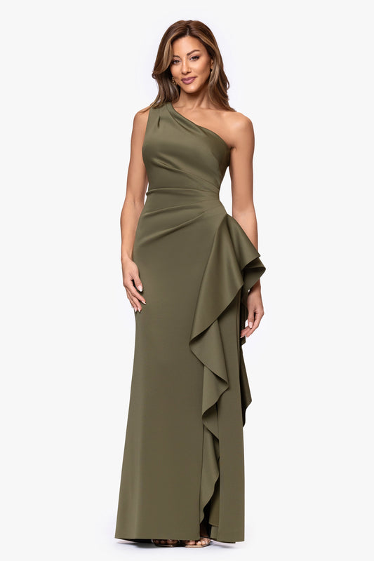 Petite "Flo" Techno Scuba One Shoulder Ruffle Dress Olive XSCAPE
