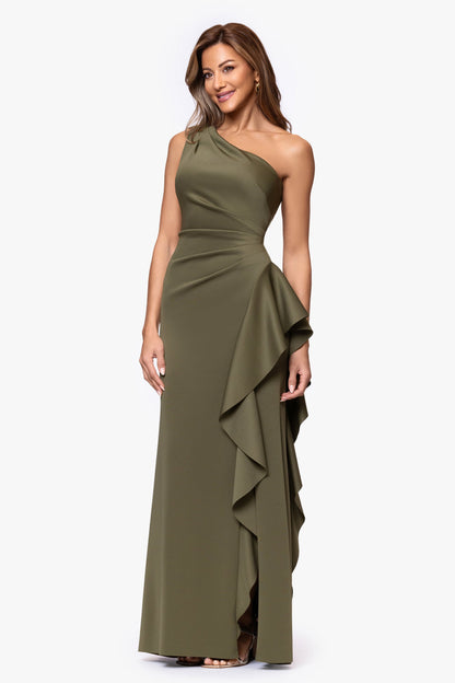 Petite "Flo" Techno Scuba One Shoulder Ruffle Dress Olive XSCAPE