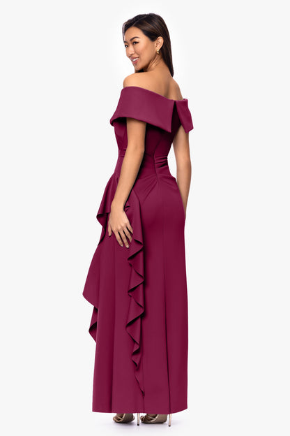Petite "Pearl" Techno Scuba Off the Shoulder Ruffle Dress Wine XSCAPE