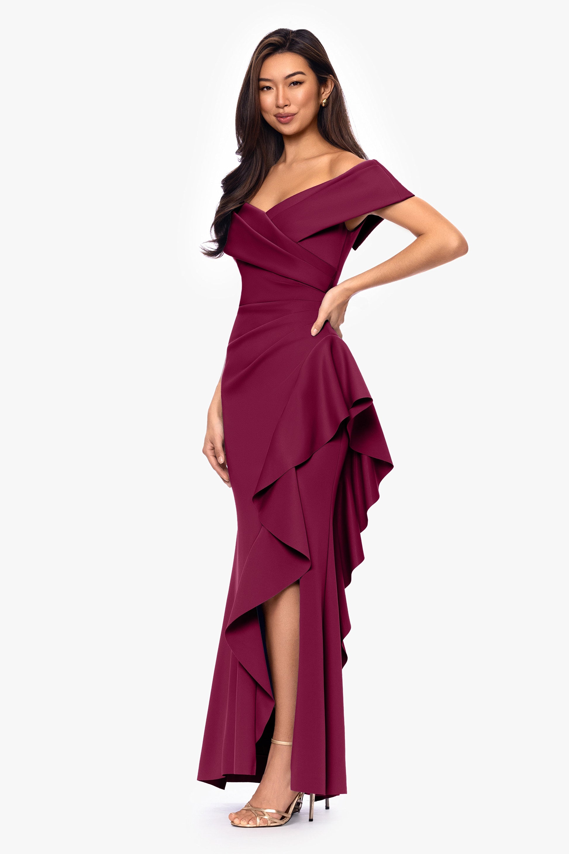 Petite "Pearl" Techno Scuba Off the Shoulder Ruffle Dress Wine XSCAPE