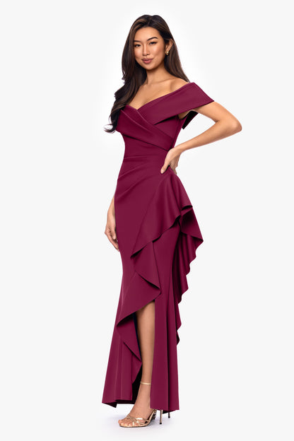 Petite "Pearl" Techno Scuba Off the Shoulder Ruffle Dress Wine XSCAPE