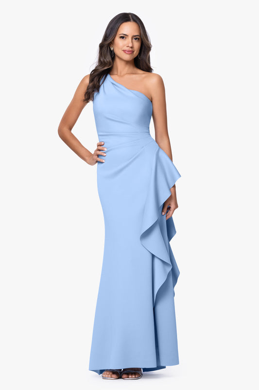 Petite "Flo" Techno Scuba One Shoulder Ruffle Dress Periwinkle XSCAPE