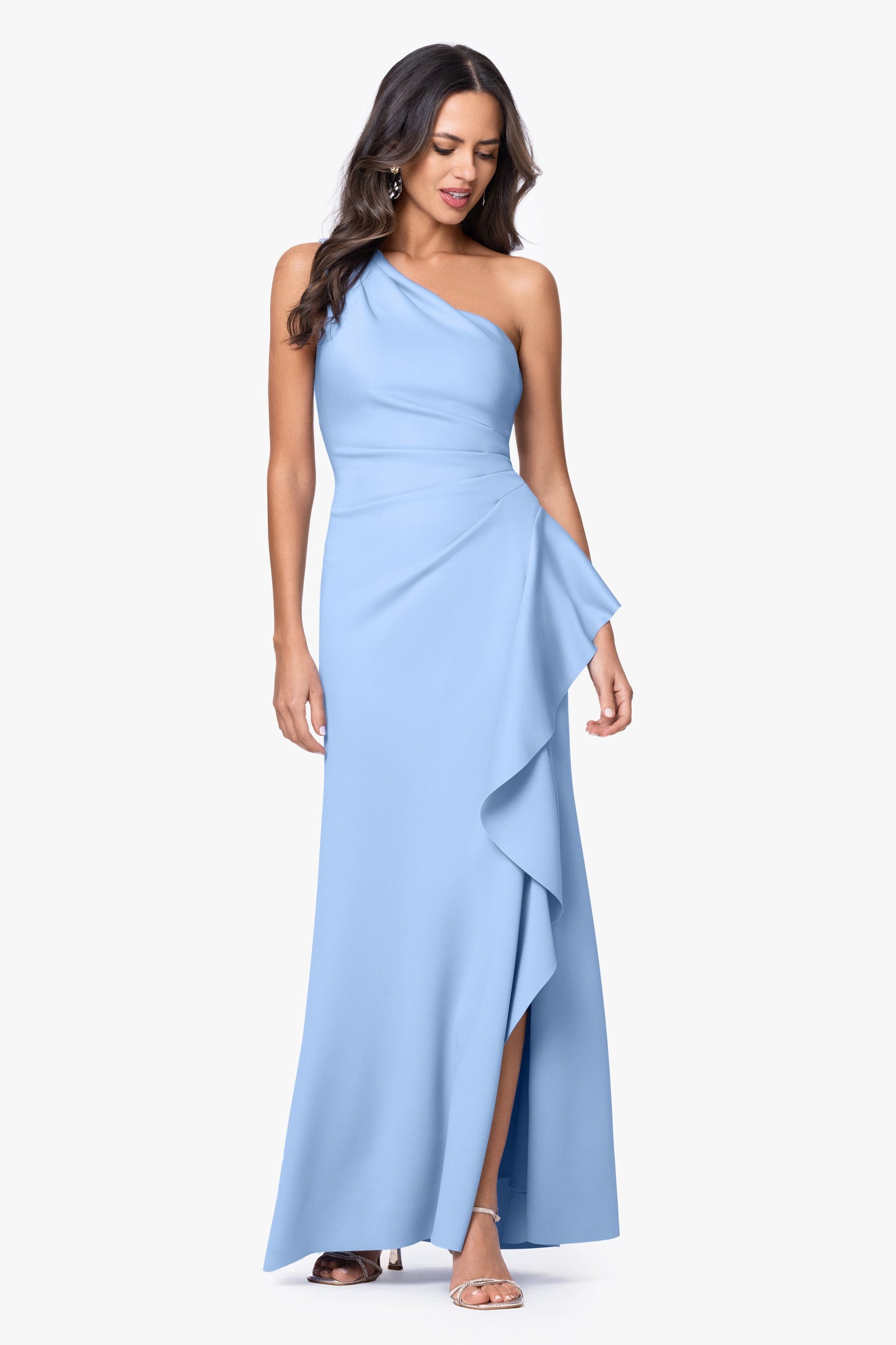 Petite "Flo" Techno Scuba One Shoulder Ruffle Dress Periwinkle XSCAPE