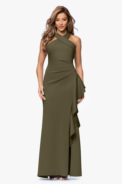 Petite "Gigi" Techno Scuba Cross Neck Dress Olive XSCAPE