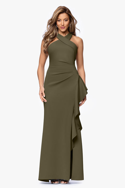 Petite "Gigi" Techno Scuba Cross Neck Dress Olive XSCAPE