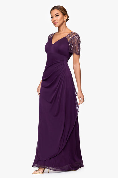 "Lana" Sheer Matte Jersey Beaded Flutter Sleeve Dress Neo Emerald XSCAPE