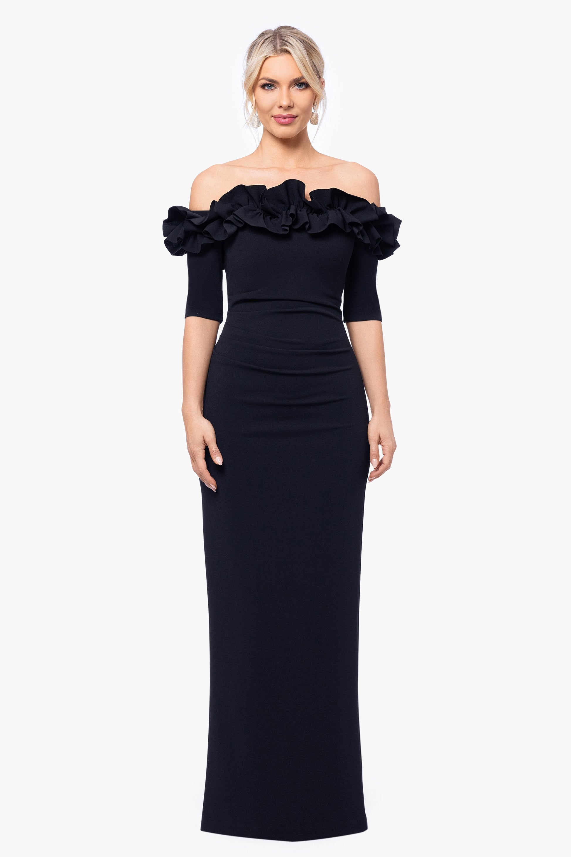 Petite "Isla" Scuba Crepe Off The Shoulder Ruffle Dress Black XSCAPE