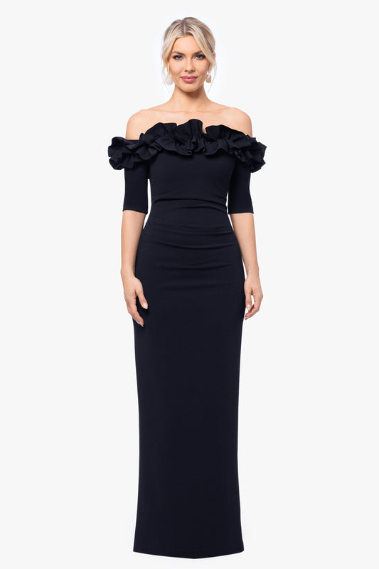 Petite "Isla" Scuba Crepe Off The Shoulder Ruffle Dress Black XSCAPE