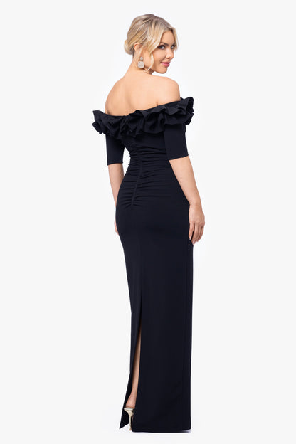 Petite "Isla" Scuba Crepe Off The Shoulder Ruffle Dress Black XSCAPE