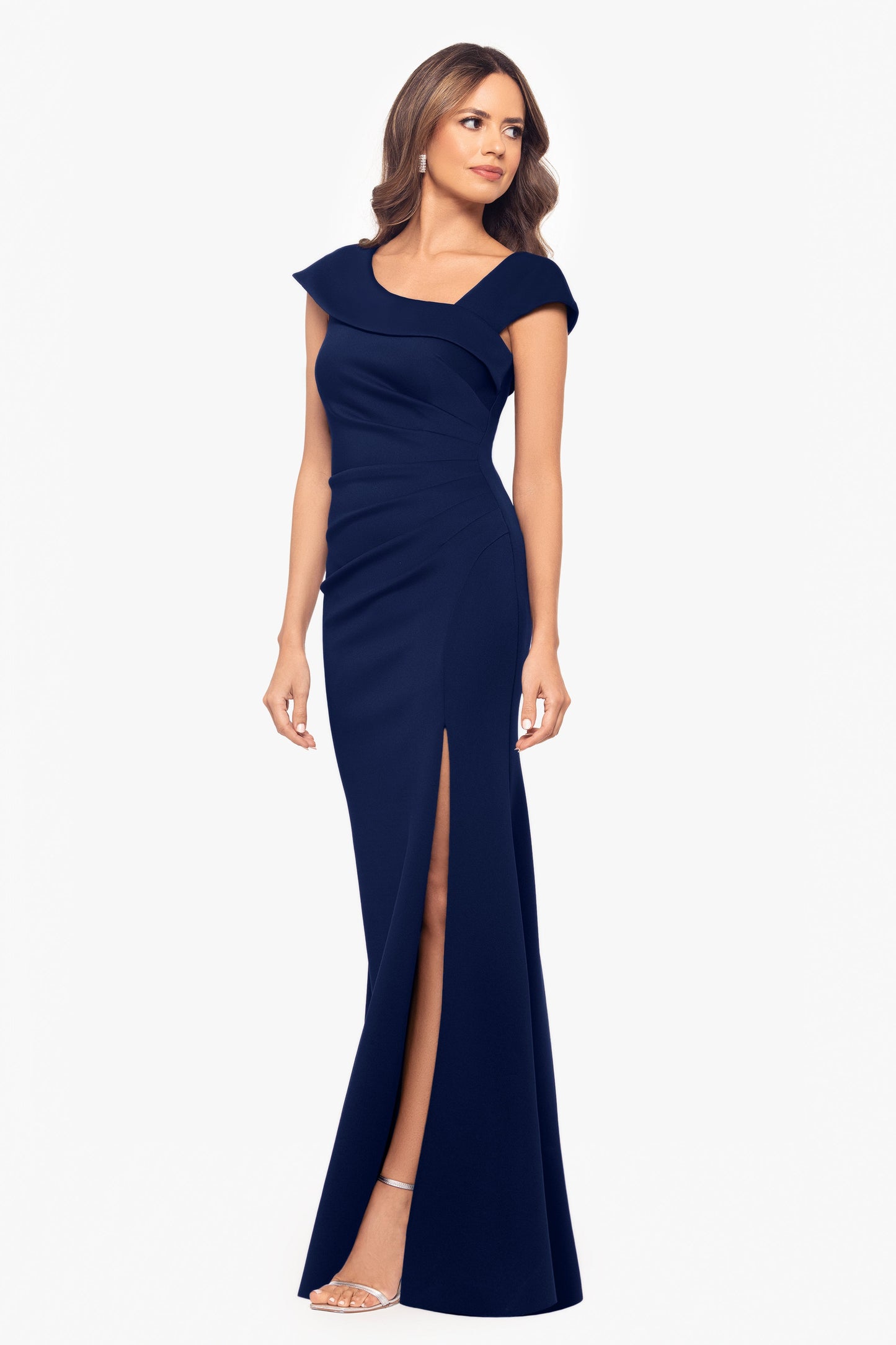 Petite "Lenore" Techno Scuba Asymmetrical Neckline Dress Midnight XSCAPE