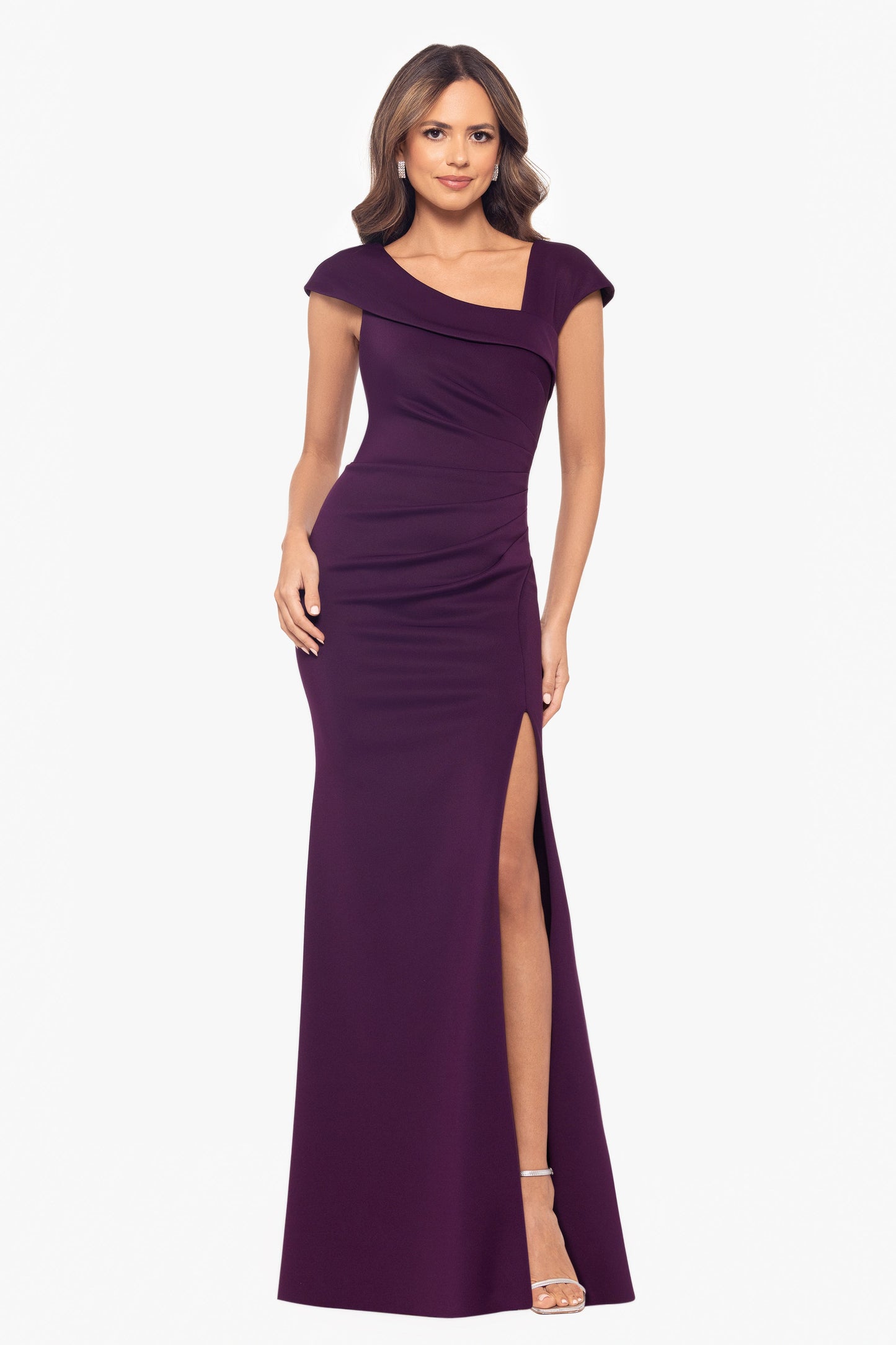 "Lenore" Techno Scuba Asymmetrical Neckline Dress Plum XSCAPE