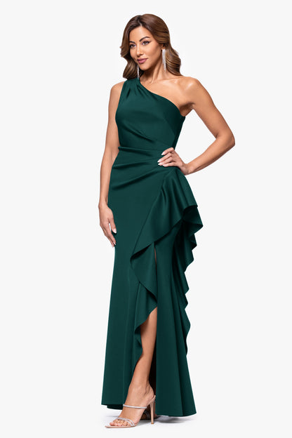 "Flo" Techno Scuba One Shoulder Ruffle Dress Hunter XSCAPE