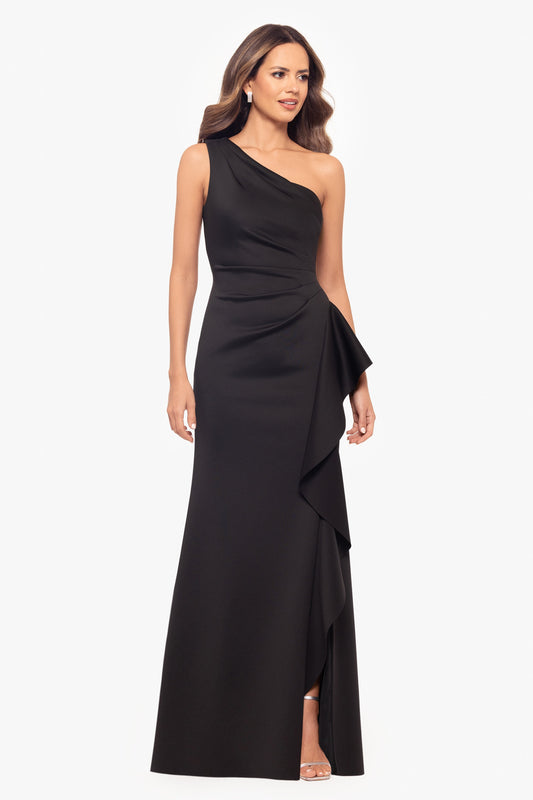Petite "Flo" Long Techno Scuba One Shoulder Ruffle Dress Black XSCAPE