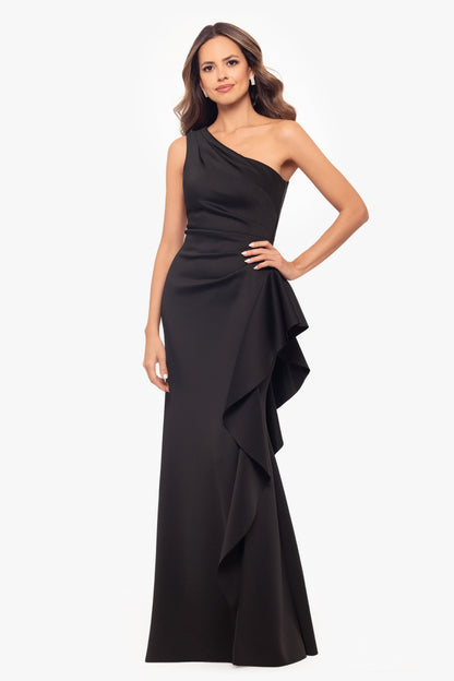 Petite "Flo" Long Techno Scuba One Shoulder Ruffle Dress Black XSCAPE