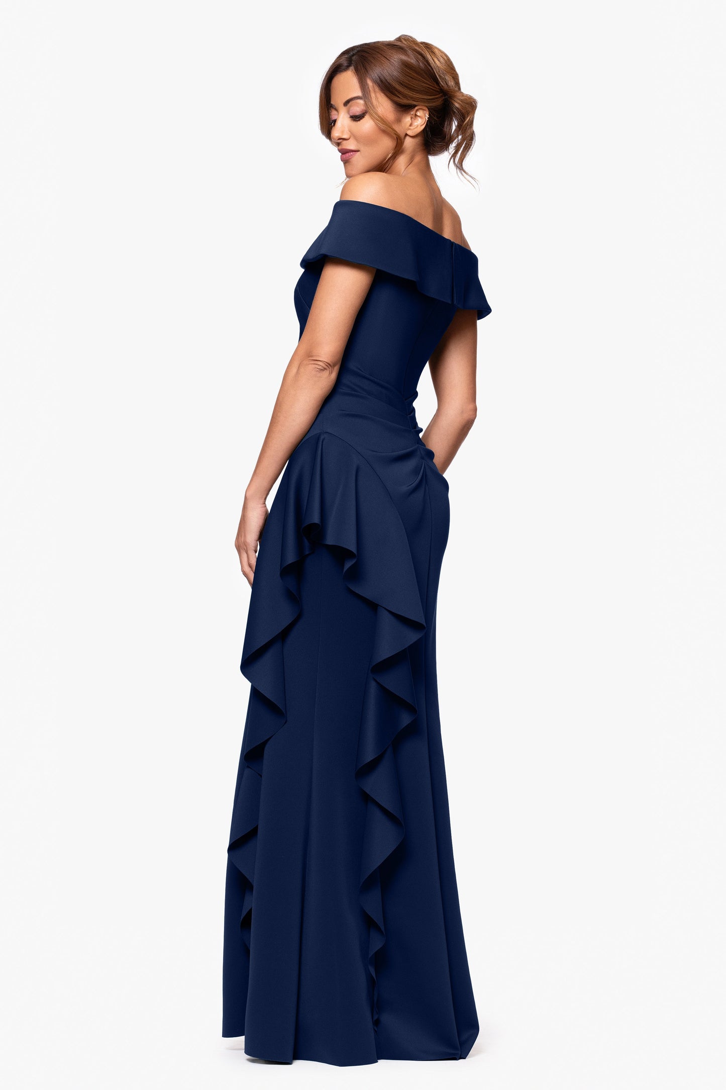 "Dolly" Techno Scuba Off the Shoulder Ruffle Dress Midnight XSCAPE
