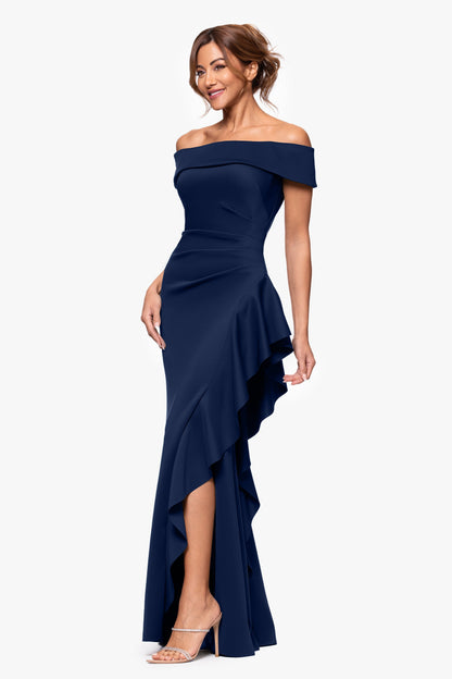 "Dolly" Techno Scuba Off the Shoulder Ruffle Dress Midnight XSCAPE
