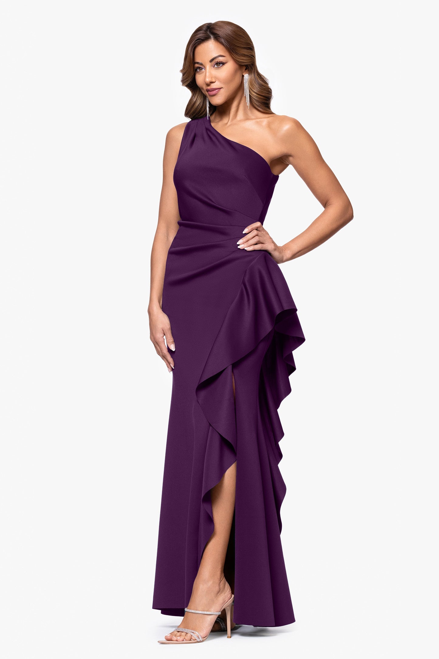 "Flo" Long Techno Scuba One Shoulder Ruffle Dress Plum XSCAPE