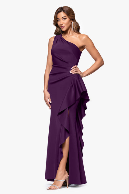 "Flo" Long Techno Scuba One Shoulder Ruffle Dress Plum XSCAPE