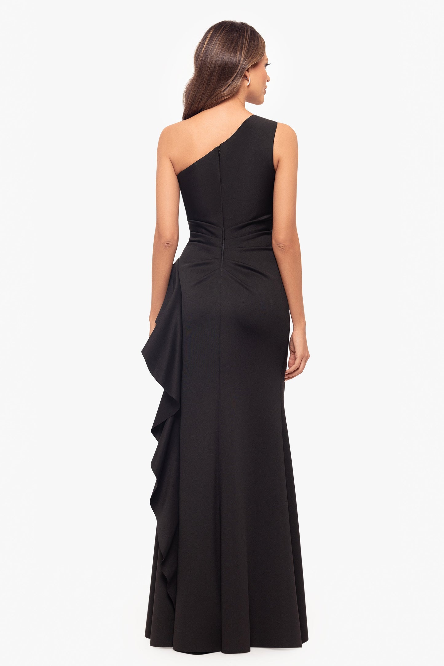 "Flo" Long Techno Scuba One Shoulder Ruffle Dress Black XSCAPE