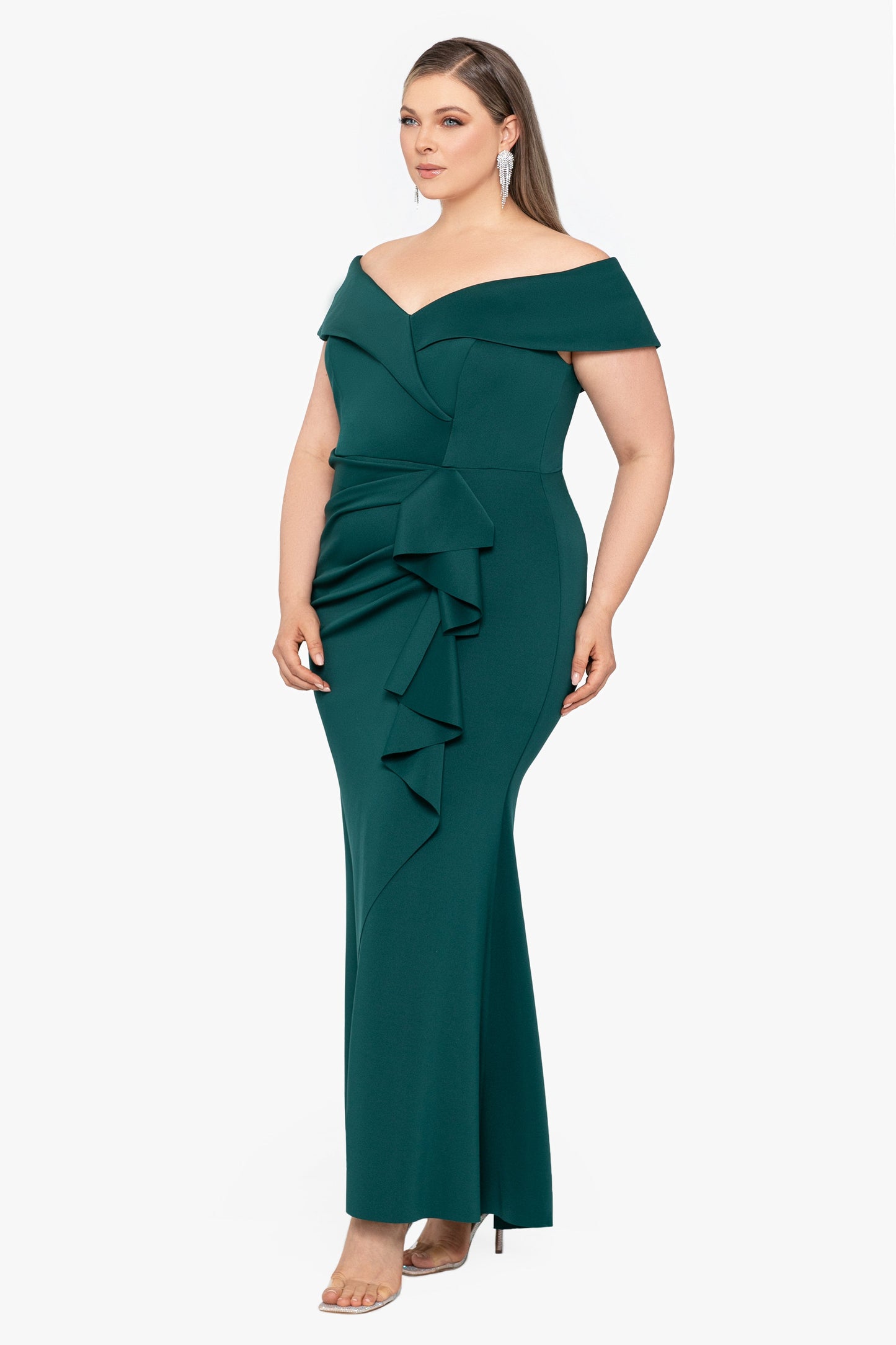 Plus "Patti" Techno Scuba Off The Shoulder Dress Hunter XSCAPE