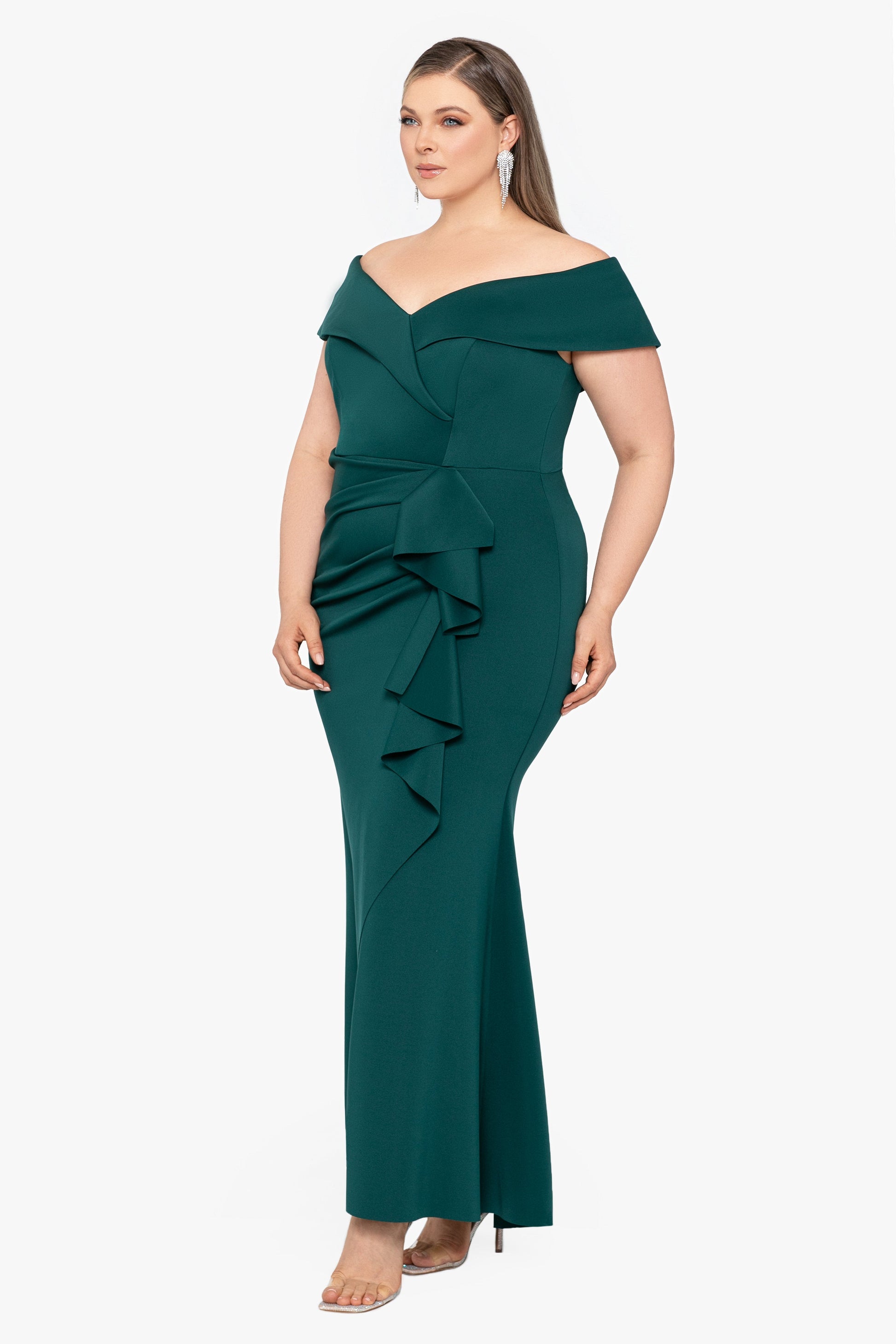 Plus "Patti" Techno Scuba Off The Shoulder Dress Hunter XSCAPE