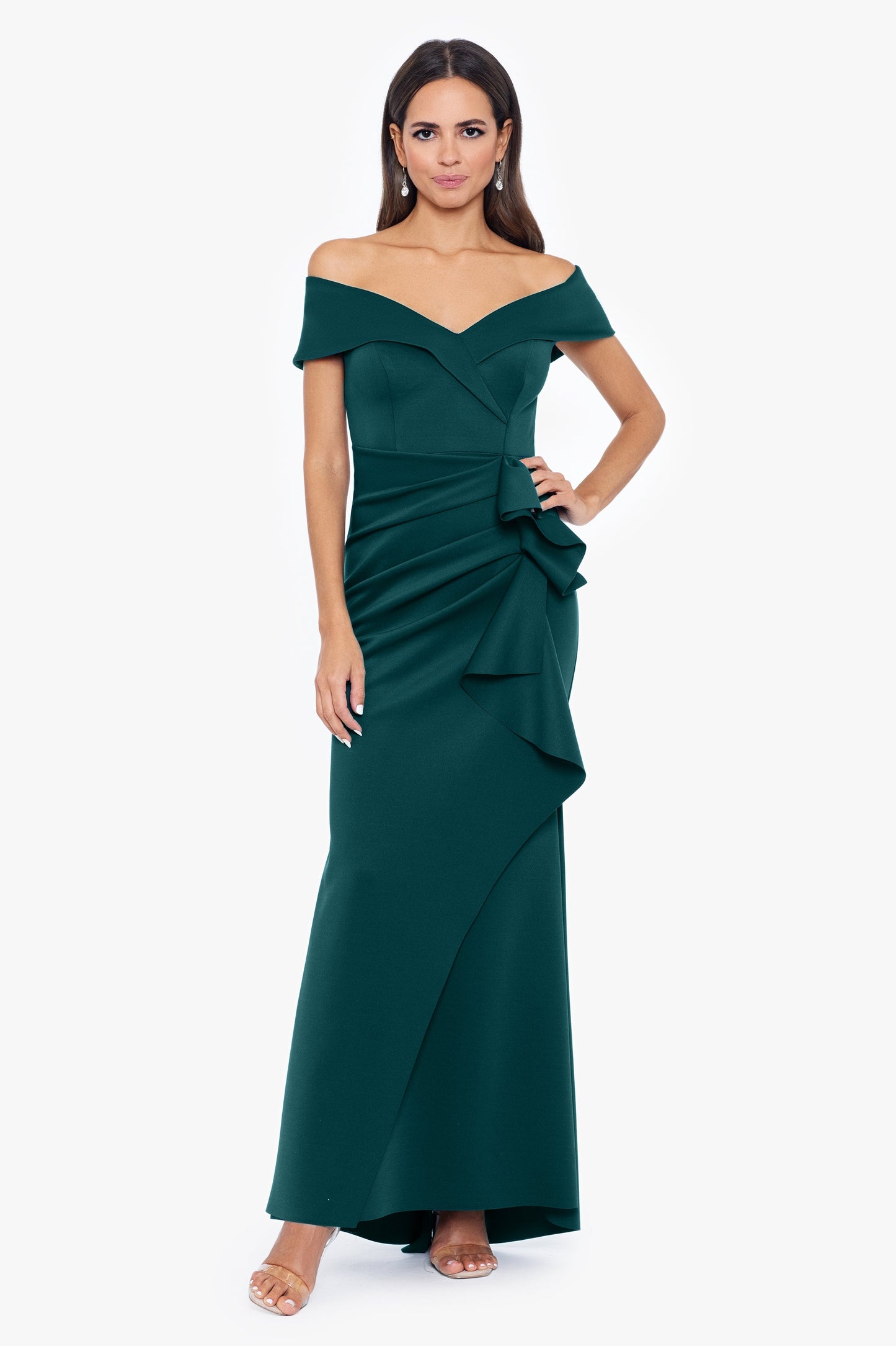 "Patti" Techno Scuba Off The Shoulder Dress Hunter XSCAPE