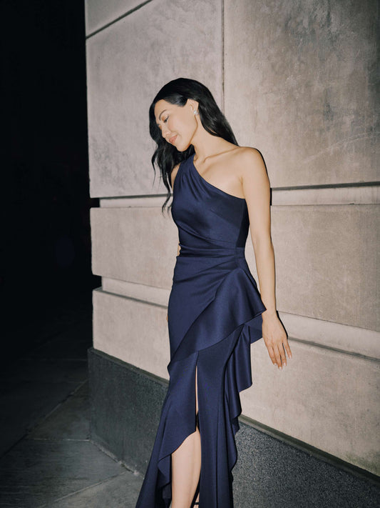 "Flo" Long Techno Scuba One Shoulder Ruffle Dress Midnight XSCAPE