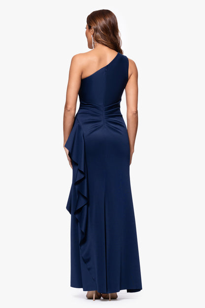 "Flo" Long Techno Scuba One Shoulder Ruffle Dress Midnight XSCAPE