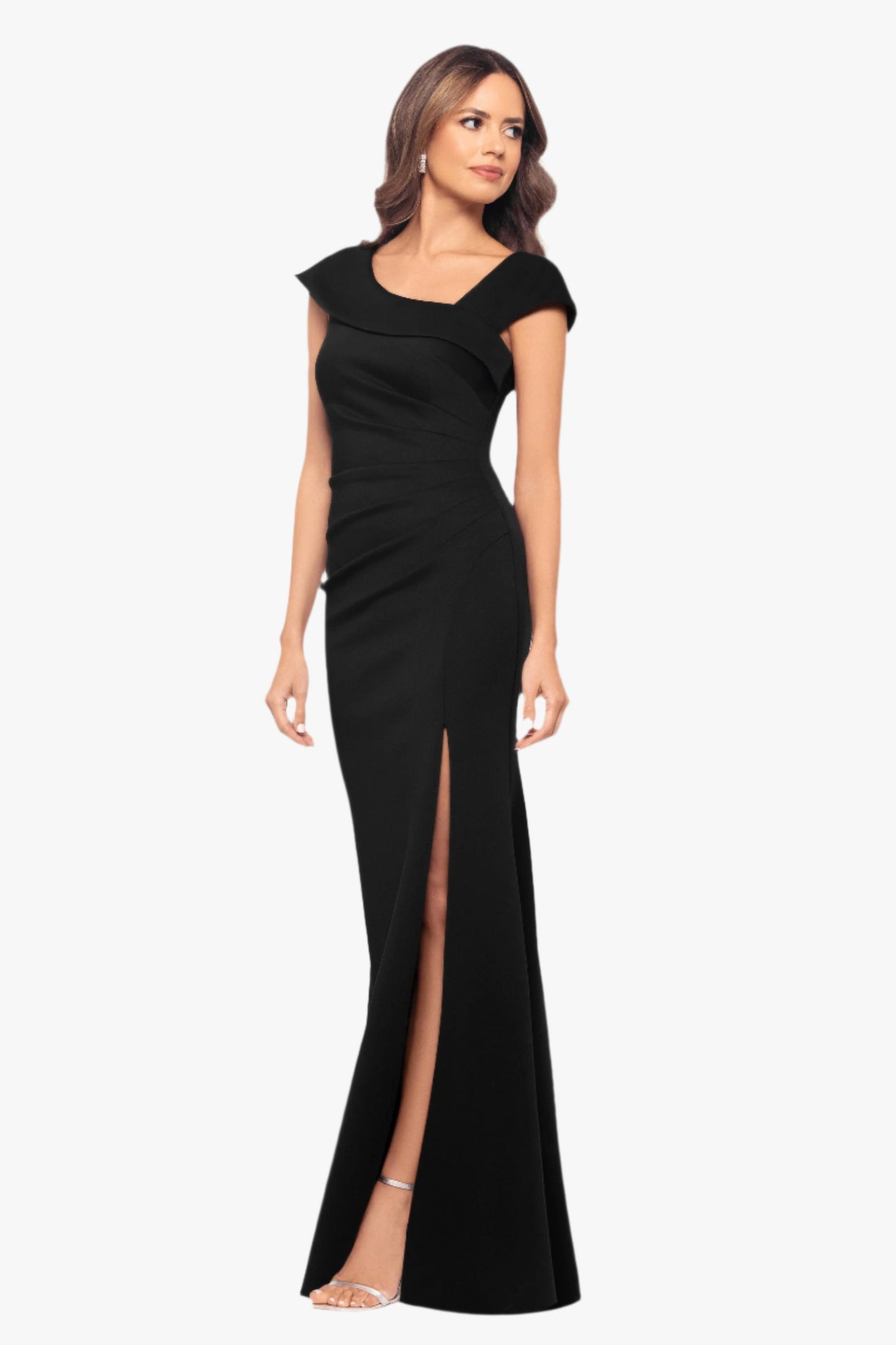 Petite "Lenore" Techno Scuba Asymmetrical Neckline Dress Black XSCAPE