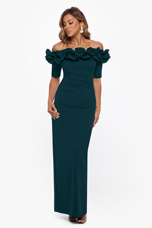 "Isla" Scuba Crepe Off The Shoulder Ruffle Dress Pine XSCAPE