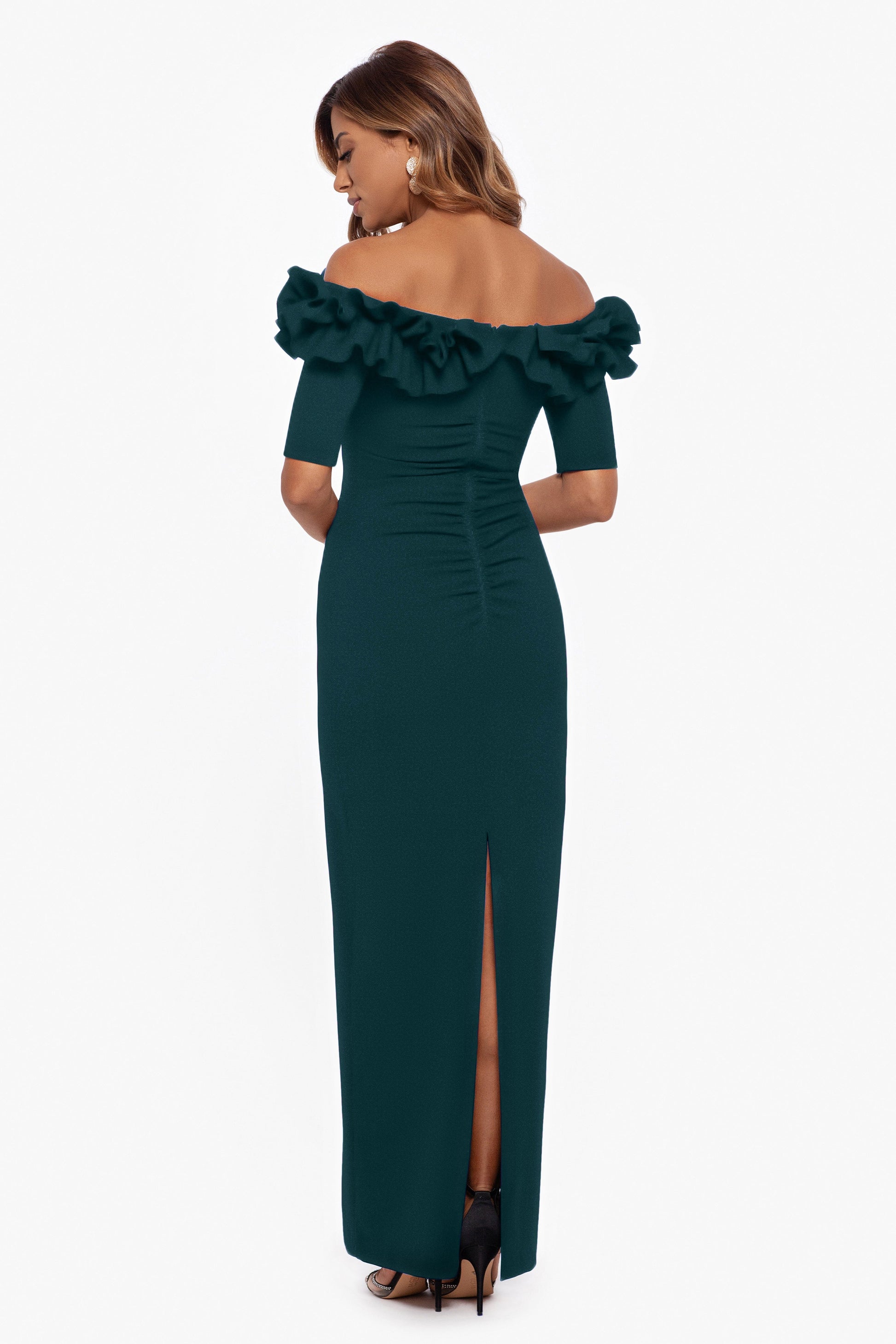 "Isla" Scuba Crepe Off The Shoulder Ruffle Dress Pine XSCAPE