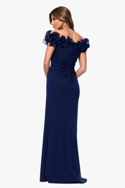 Petite "Anya" Scuba Crepe & Chiffon Ruffle Off the Shoulder Dress Navy XSCAPE