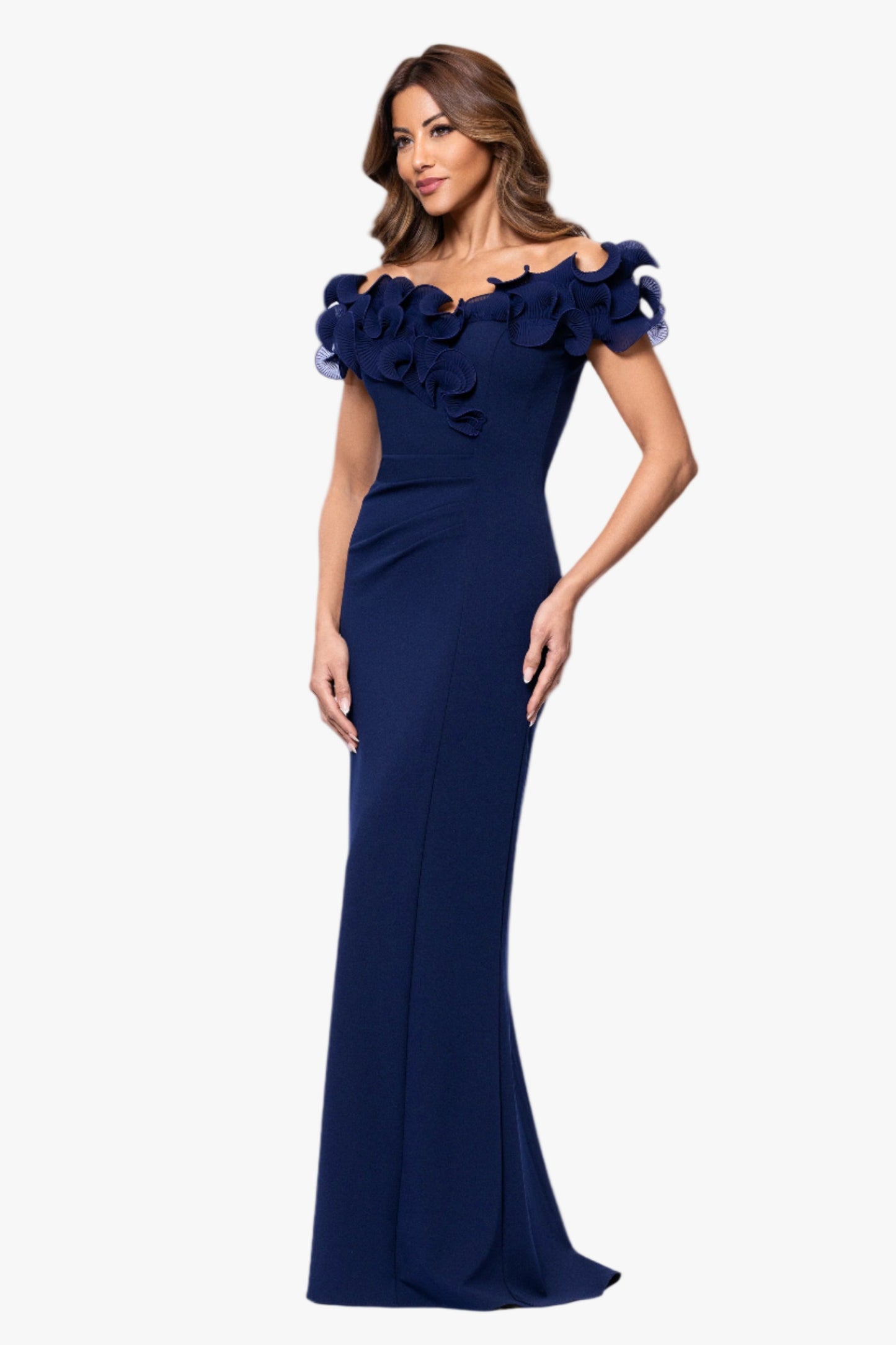 Petite "Anya" Scuba Crepe & Chiffon Ruffle Off the Shoulder Dress Navy XSCAPE
