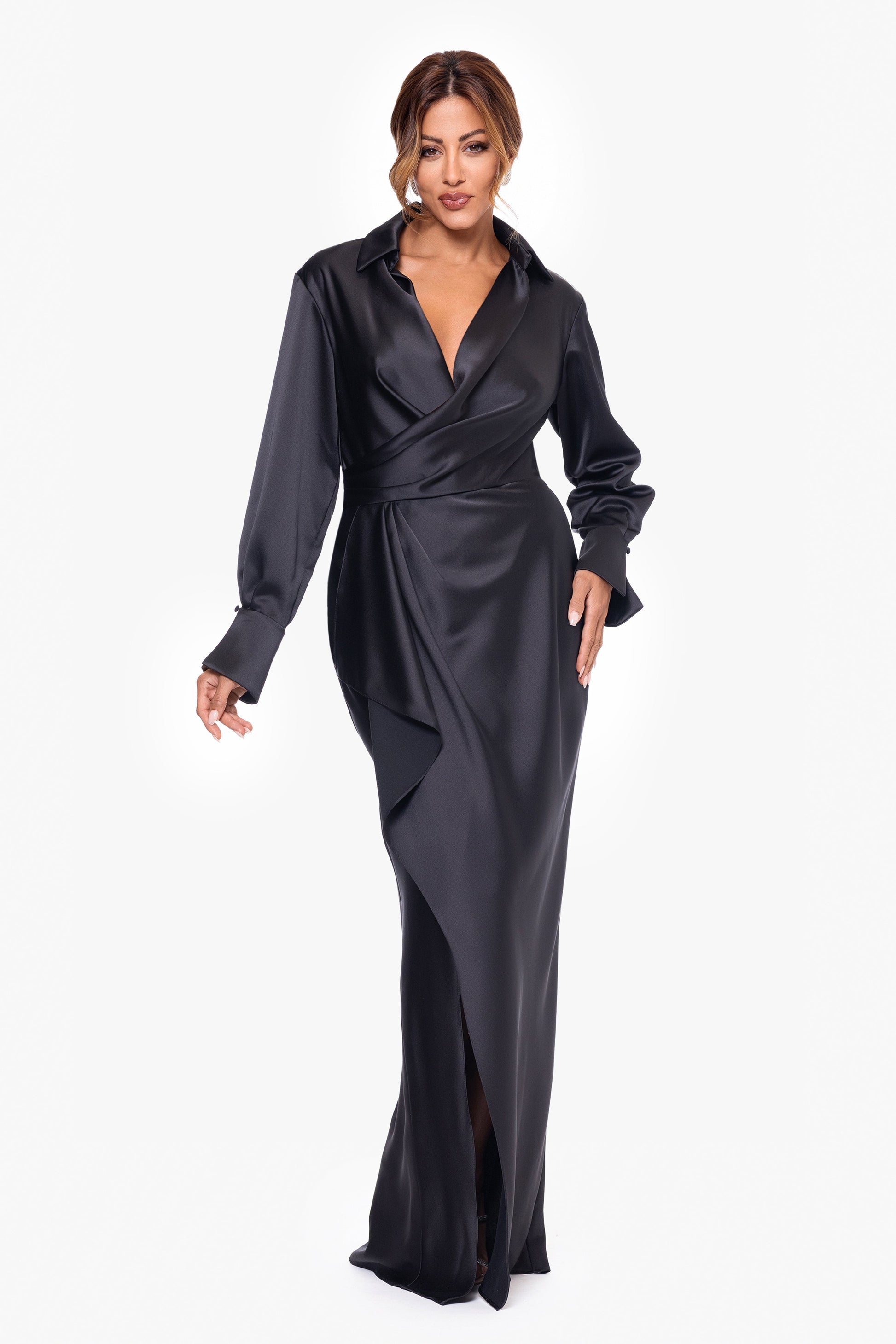 "Emery" Satin Long Sleeve Collared Dress Black XSCAPE