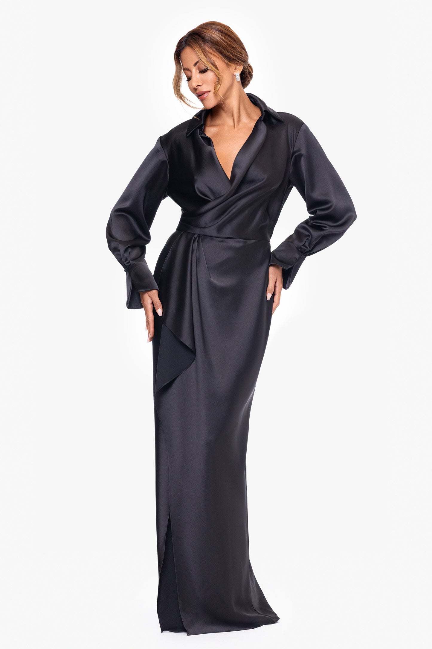 "Emery" Satin Long Sleeve Collared Dress Black XSCAPE