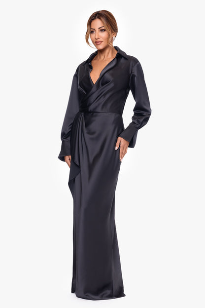 "Emery" Satin Long Sleeve Collared Dress Black XSCAPE