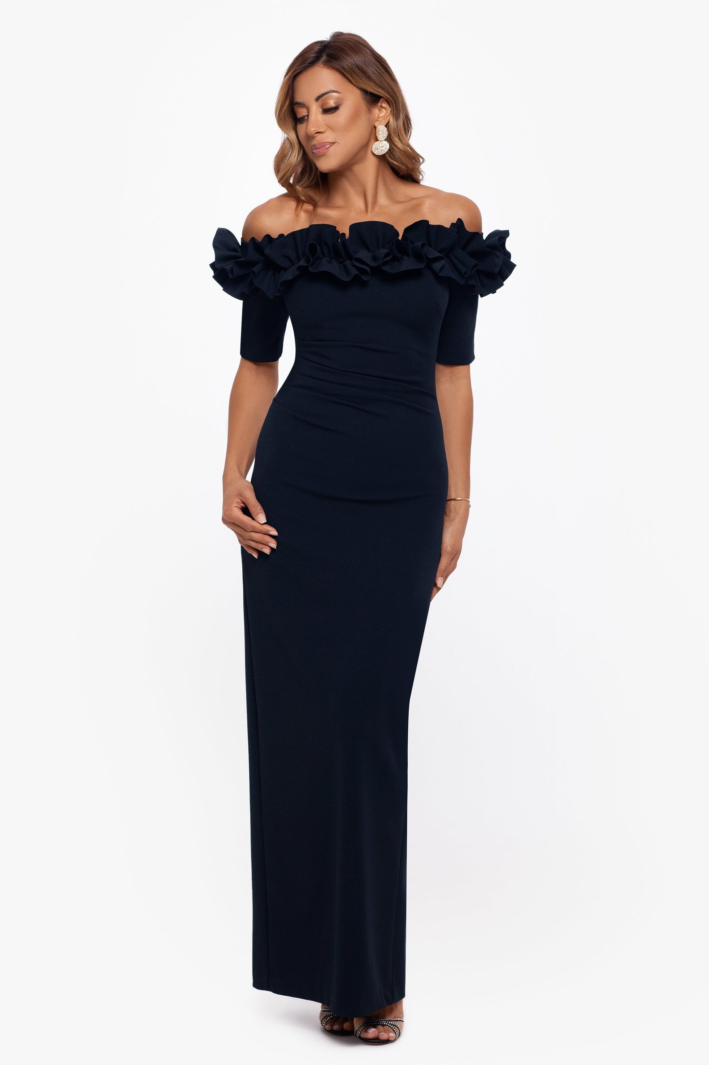 Petite "Isla" Scuba Crepe Off The Shoulder Ruffle Dress Navy XSCAPE