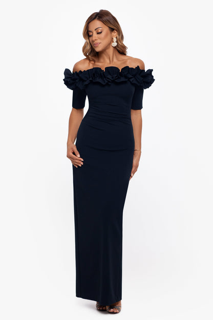 Petite "Isla" Scuba Crepe Off The Shoulder Ruffle Dress Navy XSCAPE