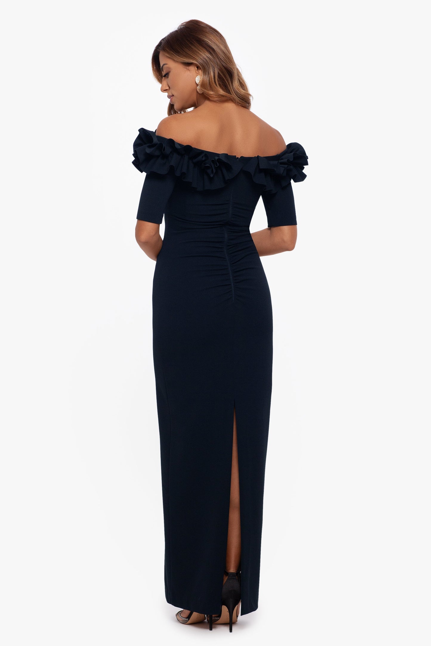 Petite "Isla" Scuba Crepe Off The Shoulder Ruffle Dress Navy XSCAPE