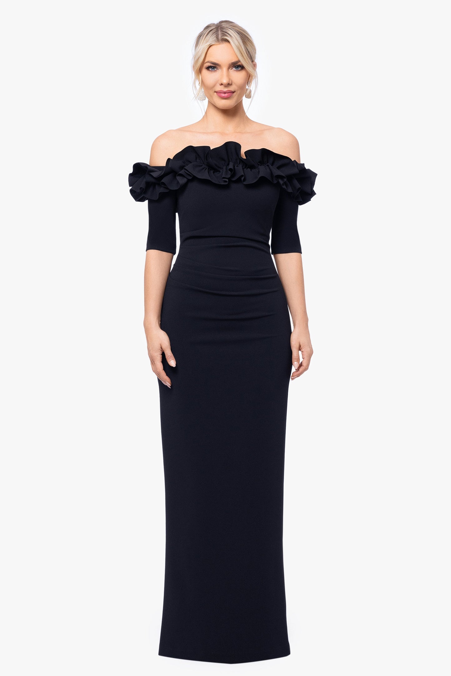 Petite "Isla" Scuba Crepe Off The Shoulder Ruffle Dress Navy XSCAPE