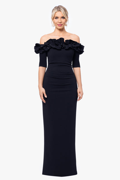 Petite "Isla" Scuba Crepe Off The Shoulder Ruffle Dress Navy XSCAPE