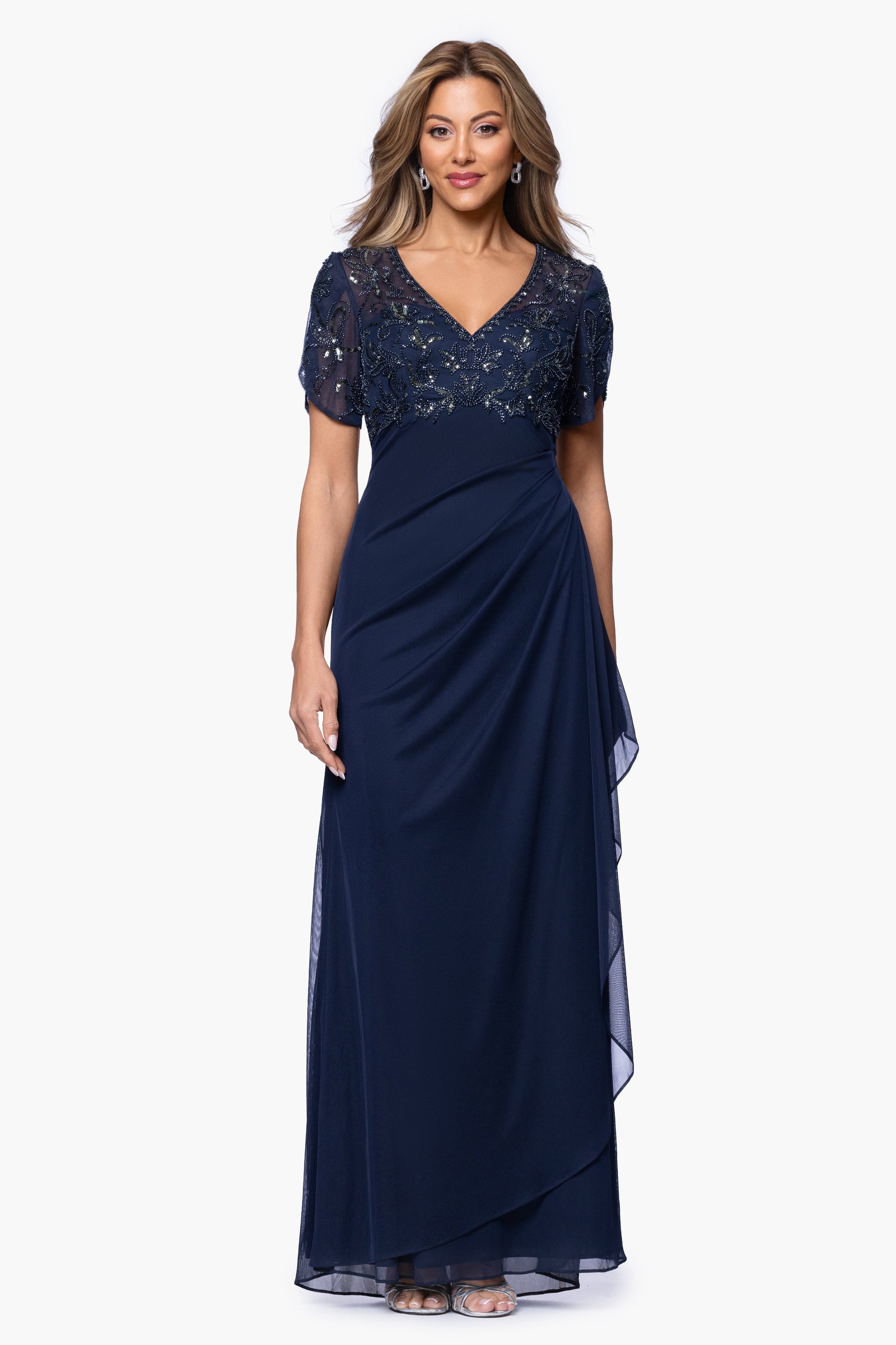 "Giselle" Sheer Matte Jersey Beaded V-Neck Dress Navy XSCAPE
