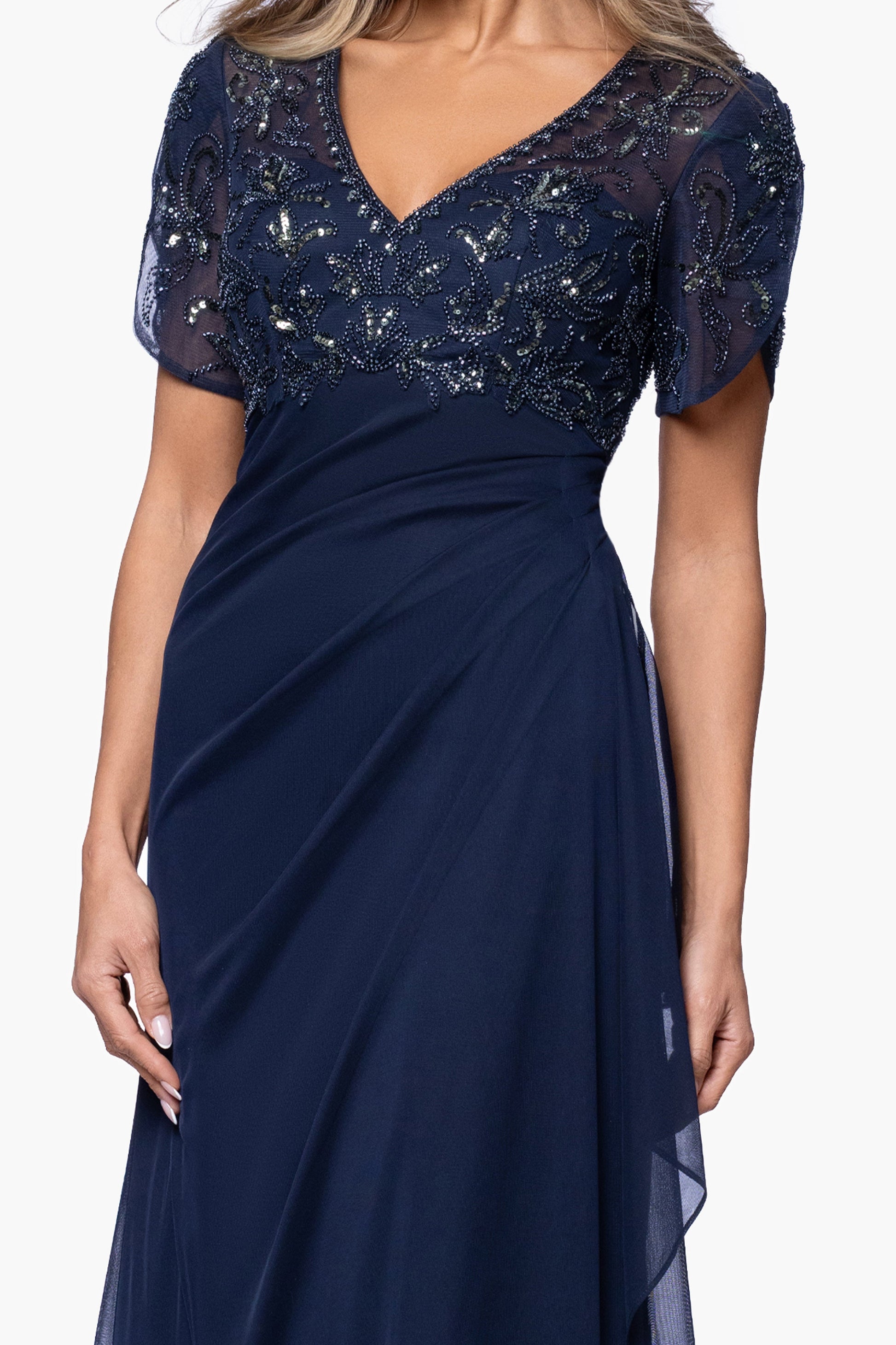 "Giselle" Sheer Matte Jersey Beaded V-Neck Dress Navy XSCAPE